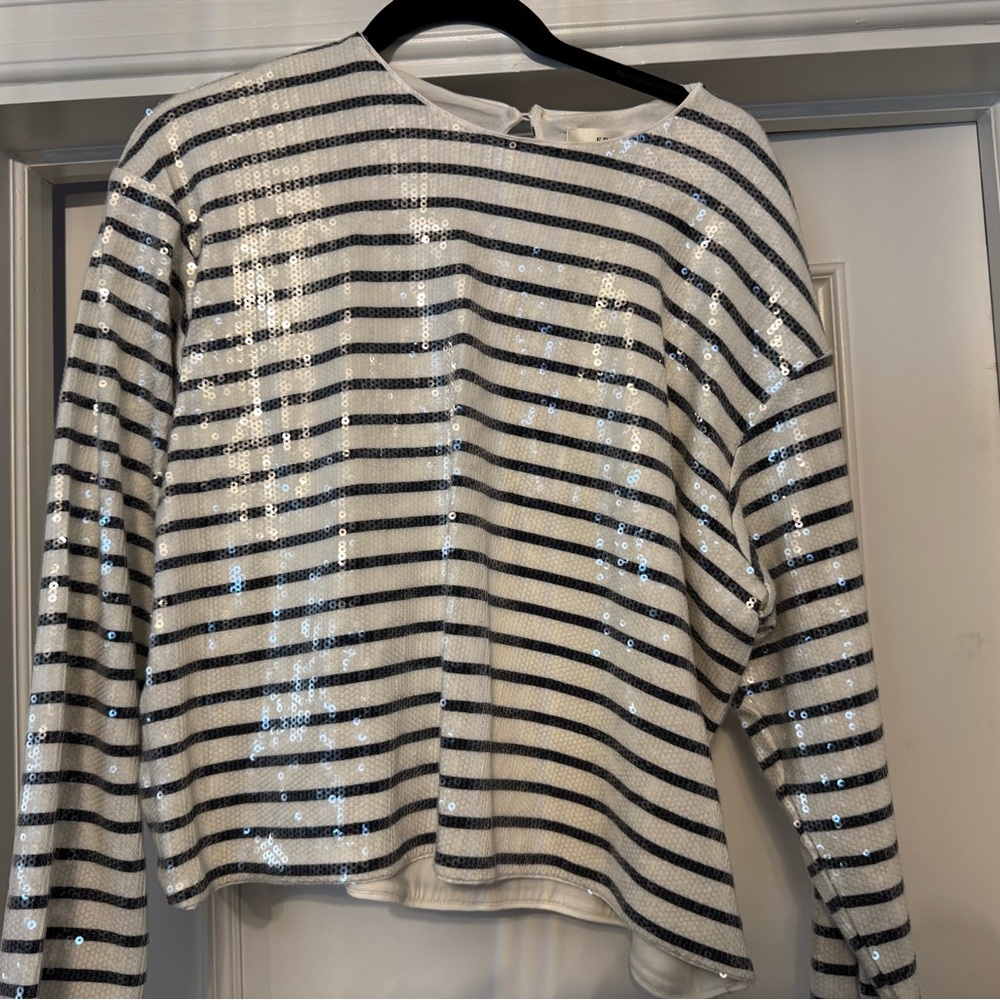 FRAME Striped Sequin Top, NWT, white and navy